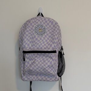 Lilac Checkered Kids Backpack with 'Be Kind' Smile Patch